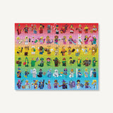 Colorful puzzle with various LEGO figures on a white background