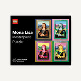 LEGO Mona Lisa Masterpiece Puzzle packaging with four framed images of the Mona Lisa on a black background.