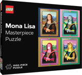 LEGO Mona Lisa Masterpiece Puzzle packaging with colorful illustrations of the Mona Lisa on a black background.