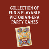 Promotional graphic for Victorian-era party games with a book cover illustration on a red background.