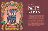 Illustration of a dog in a party hat with decorative border and text about party games on a purple background