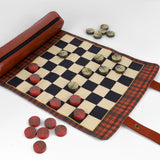 Checkers game set with checkered board and red and black pieces on a white background