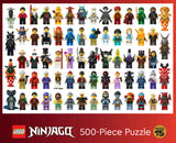 LEGO Ninjago 500-piece puzzle with various character pieces on a red background