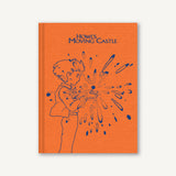 Book cover of 'Howl's Moving Castle' with an orange background and black line art illustration.