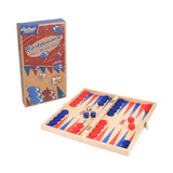 Wooden backgammon set with red and blue pieces and Ridley's packaging on a white background