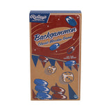 Box of Ridley's Backgammon classic wooden game with decorative elements on a white background