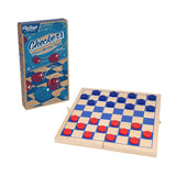Checkers game set with board and pieces next to its packaging on a white background