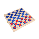 Checkers board with red and blue pieces on a white background