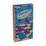 Checkers game box with blue and brown design on a white background