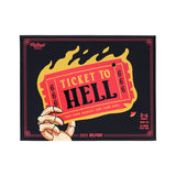 Board game box for 'Ticket to Hell' with a hand holding a red ticket against a black background.