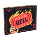 Board game box titled 'Ticket to Hell' with a hand holding a ticket on a black background.