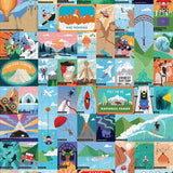 Collage of illustrations of national parks with various activities and landscapes.