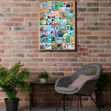 Colorful collage on a brick wall with a chair and plants below