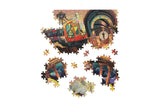 Jigsaw puzzle with a partially completed design of a vintage vehicle on a white background