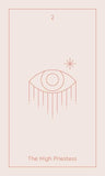 Tarot card titled 'The High Priestess' with an eye symbol on a pink background