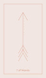 Card with a minimalist design of three wands on a light pink background, labeled '7 of Wands'.
