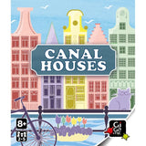 Board game box for 'Canal Houses' with colorful houses and a cat on a bridge.