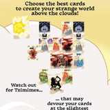 Collection of cards with various illustrations on a yellow and white background, featuring text about creating a strange world above the clouds and warning about Tzimimes.