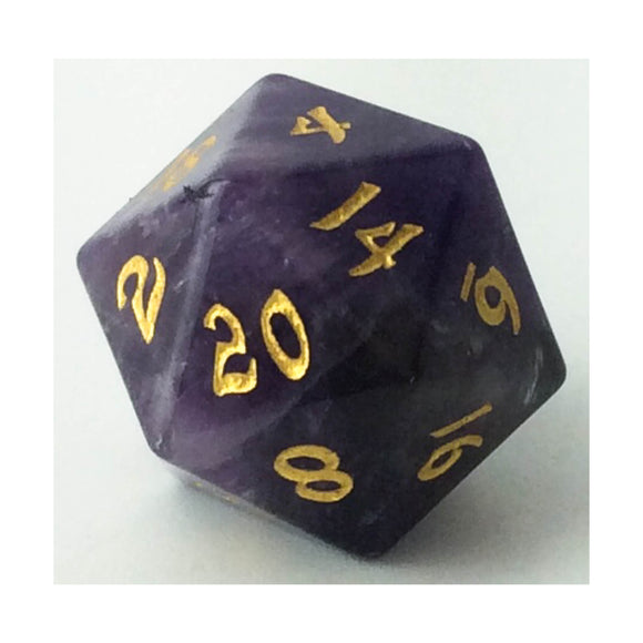 Purple polyhedral dice with gold numbers on a white background