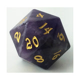 Purple polyhedral dice with gold numbers on a white background