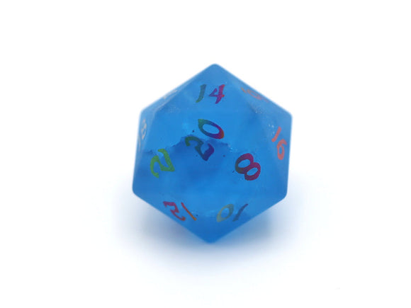 Blue twenty-sided die with colored numbers on a white background