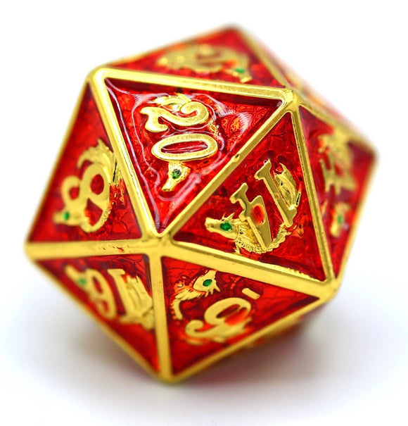 Red and gold polyhedral dice with Chinese characters on a white background
