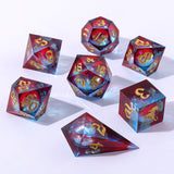 Set of colorful polyhedral dice with gold numbers on a white background