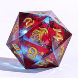 Multicolored polyhedral dice with gold numbers on a white background