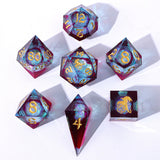 Set of colorful polyhedral dice with gold numbering on a white background