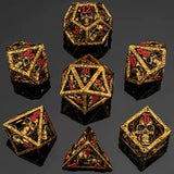 Set of gold and black polyhedral dice with red numbering on a dark background