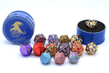 Set of colorful polyhedral dice with blue tin container on a white background
