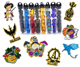 Collection of dice sets in clear tubes with character-themed pins on a white background