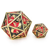 Two polyhedral dice with red, black, and gold colors on a white background