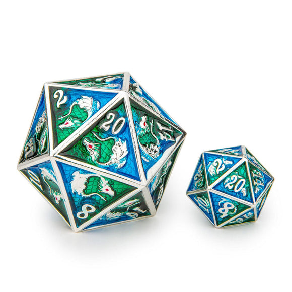 Two polyhedral dice with dragon design on a white background
