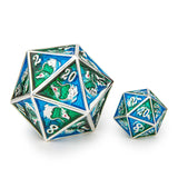 Two polyhedral dice with dragon design on a white background