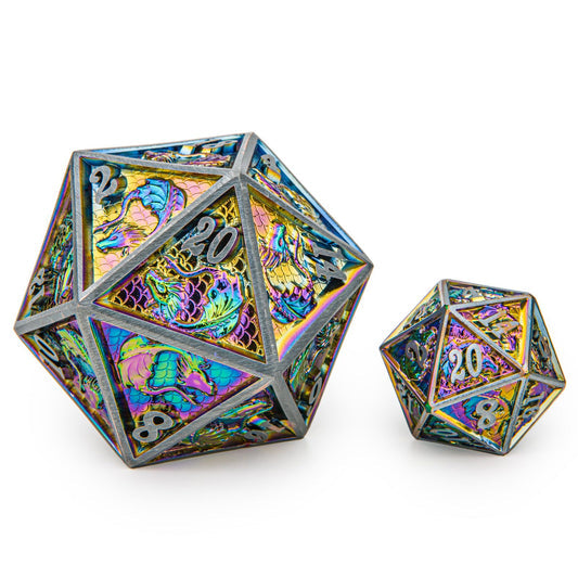 Two metallic polyhedral dice with colorful engravings on a white background