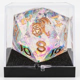Holographic polyhedral dice with dragon design in a clear display case