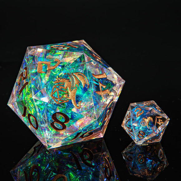 Two polyhedral dice with dragon design on a reflective surface against a black background
