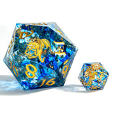 Blue and gold polyhedral dice set on a white background