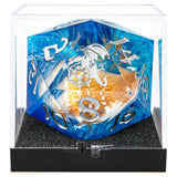 Decorative die with numbers and symbols in a clear display case