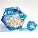 Blue and clear polyhedral dice with white numbers on a white background