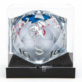 Large crystal dice with numbers and symbols on a clear stand