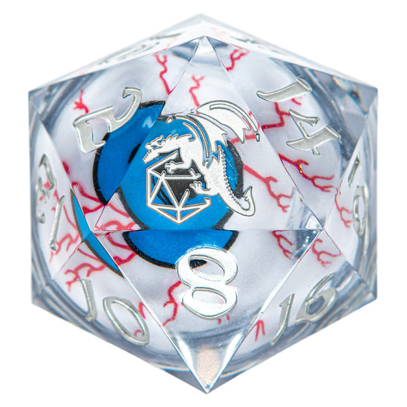 D20 polyhedral dice with dragon design and red interior on a white background