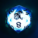 Glowing blue D20 dice with dragon design on a dark background