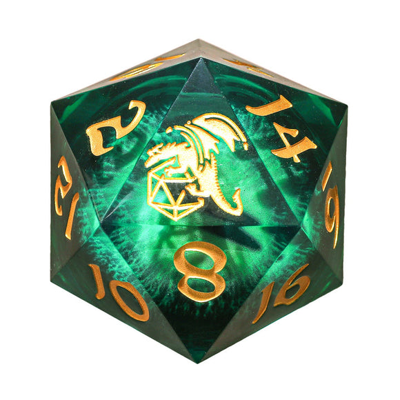 Green polyhedral dice with gold numbers and dragon design on a white background