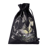 Black drawstring bag with white graphic design on a white background