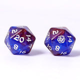 Two polyhedral dice with blue and purple gradient and white numbers on a white background