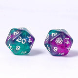 Two polyhedral dice with teal and purple color scheme on a white background