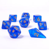 Blue polyhedral dice set with orange numbers on a white background