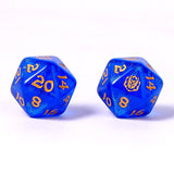 Two blue polyhedral dice with orange numbers on a white background
